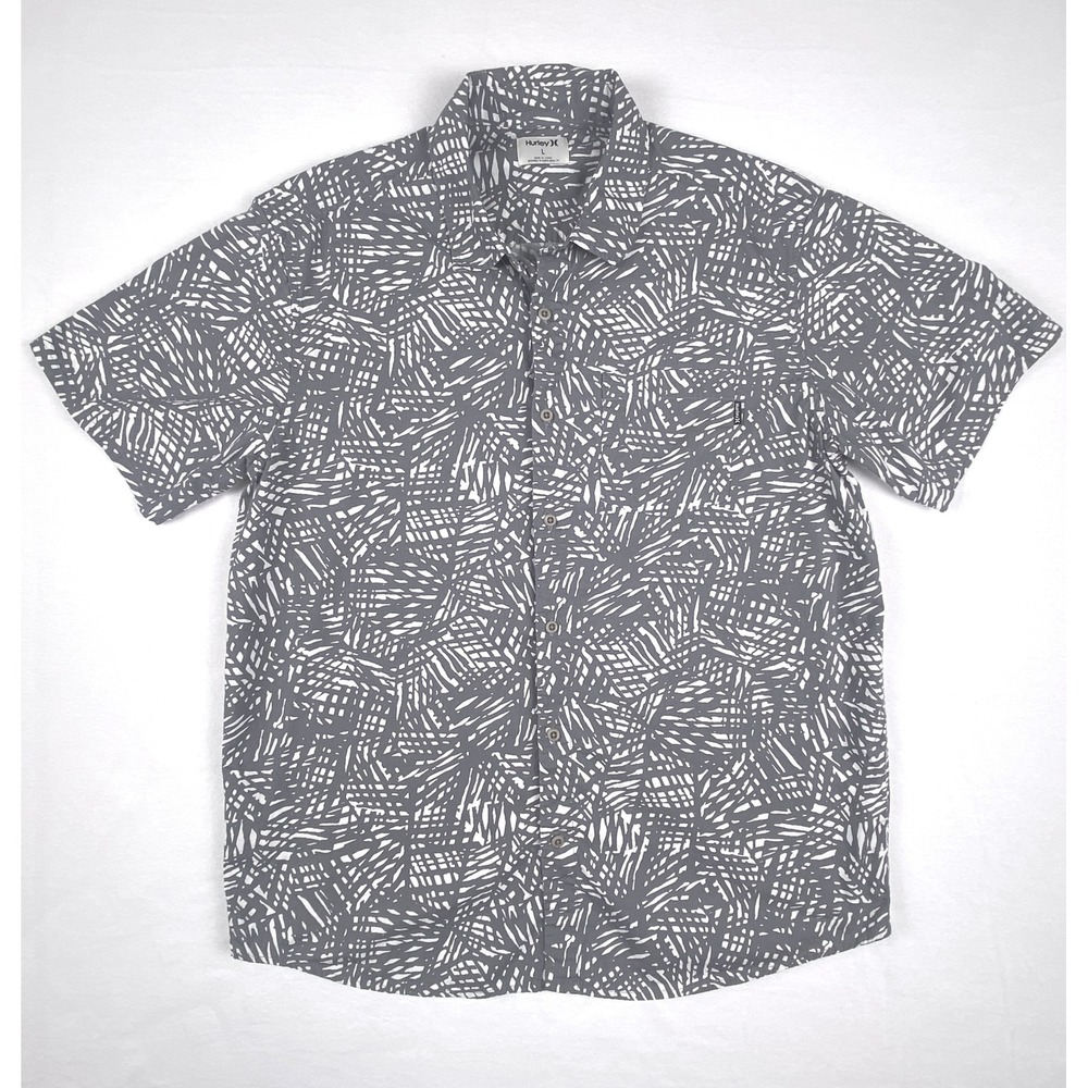 Hurley Mens Grey White Abstract Print Short Sleeve Button Down Shirt DB6535 L